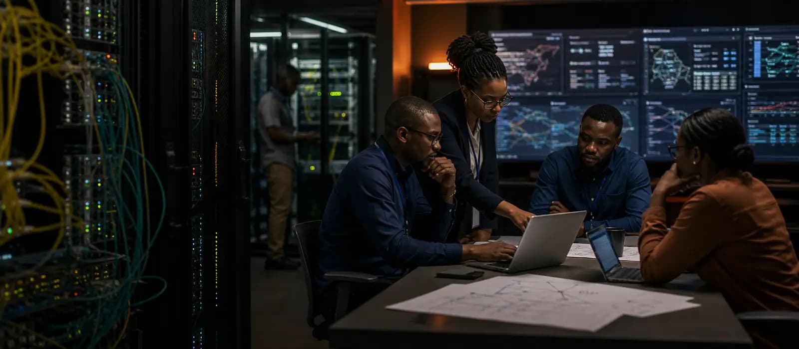 Salle d'opérations d'infrastructure réseau africaine avec racks, fibre et équipe de cybersécurité.