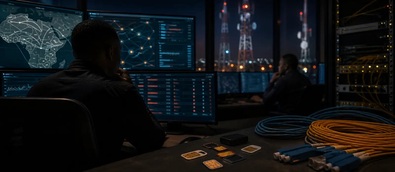 Centre d'opérations télécom avec ingénieurs sécurité, cartes SIM et câbles fibre.