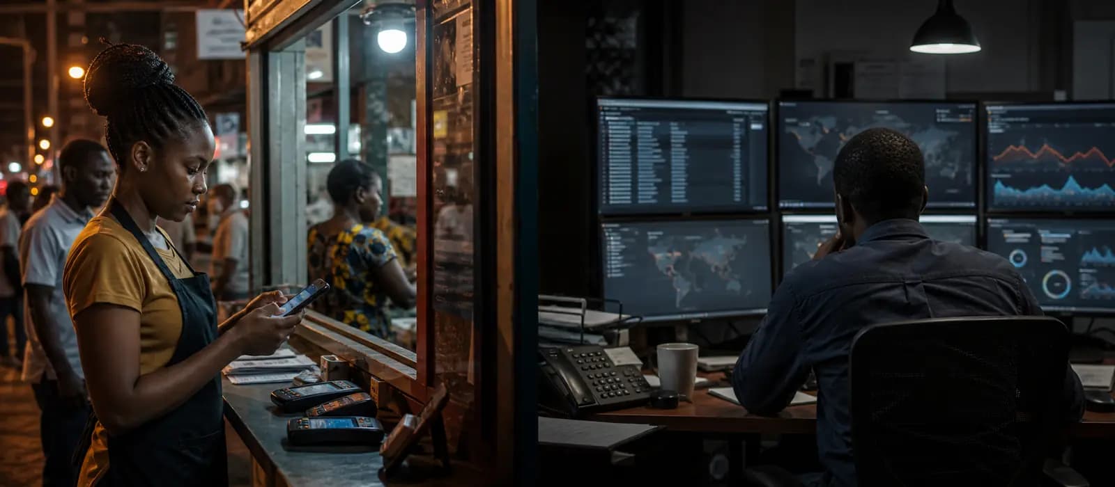 Kiosque de mobile money et poste d'analyse de risques transactionnels en contexte urbain africain.